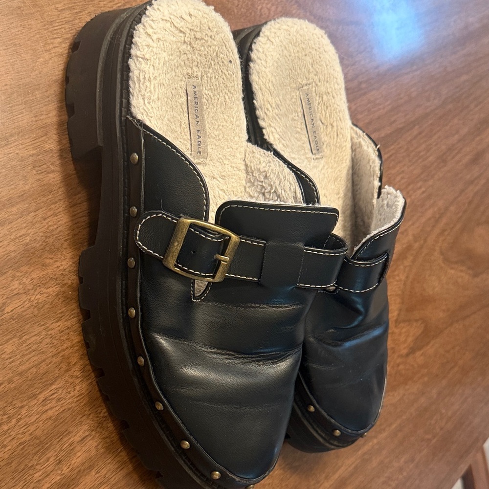 Black Leather Clogs with Buckle